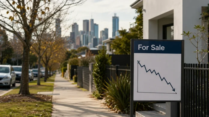For-sale sign showing a downward price graph outside a modern Australian home, with a capital-city skyline in the background. 