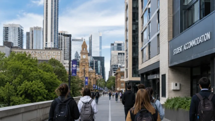 Students walk past purpose-built student accommodation near a university campus in an Australian city centre