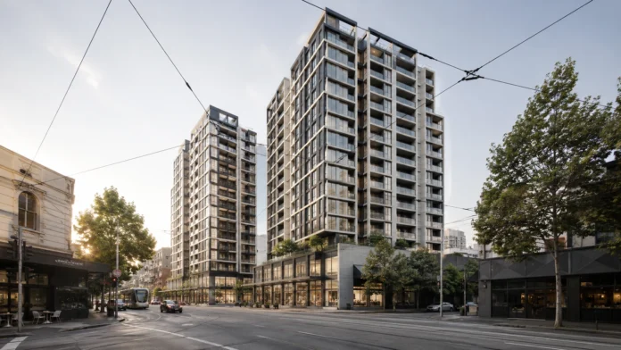 Modern apartment towers on a Melbourne-style inner-city street, reflecting new build-to-rent housing supply in Collingwood.