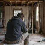 A young renovator sits alone inside a stripped-back home under renovation, reflecting the financial pressure facing recent first-home buyers.