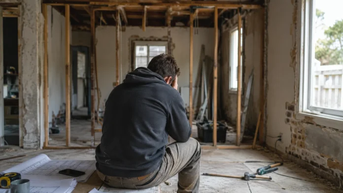 A young renovator sits alone inside a stripped-back home under renovation, reflecting the financial pressure facing recent first-home buyers.
