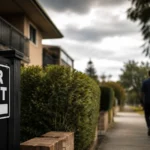 A subdued Australian suburban rental scene with a for-rent sign outside low-rise housing, suggesting pressure on affordable housing supply and renters.
