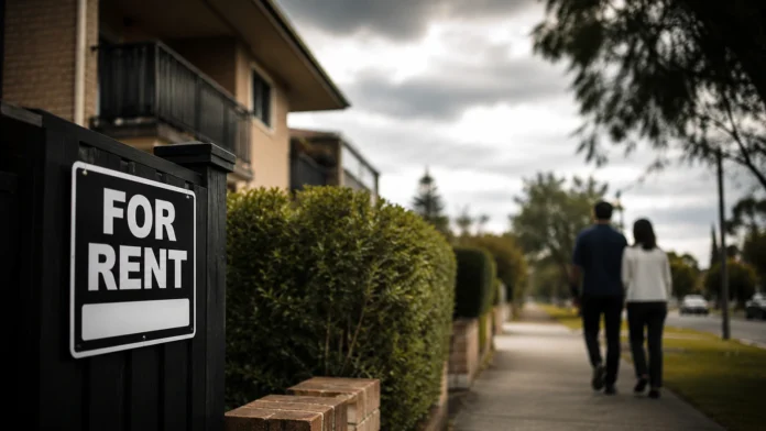A subdued Australian suburban rental scene with a for-rent sign outside low-rise housing, suggesting pressure on affordable housing supply and renters.