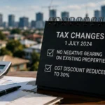 A calculator, property documents and house keys on a dark desk with an Australian city skyline in the background, representing negative gearing changes and rental market pressure.