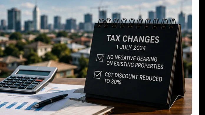 A calculator, property documents and house keys on a dark desk with an Australian city skyline in the background, representing negative gearing changes and rental market pressure.