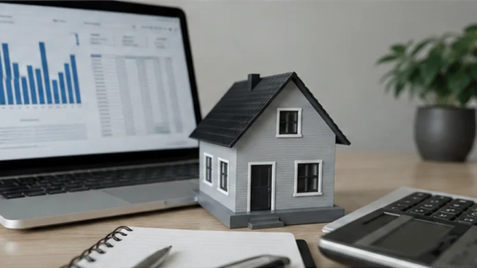 Miniature house beside a laptop showing financial charts, with a calculator and notebook on a desk.