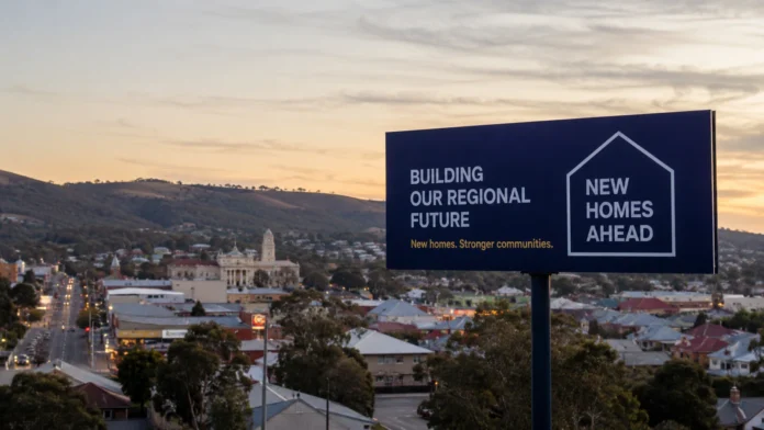 Regional Australian town at dusk with a new homes billboard overlooking suburban streets and hills, reflecting investor interest in regional housing supply.