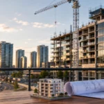 Construction cranes and new apartment towers at golden hour, with a model building and plans in the foreground, illustrating NSW tax relief for foreign-backed housing supply.