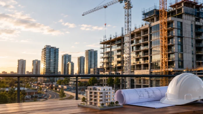 Construction cranes and new apartment towers at golden hour, with a model building and plans in the foreground, illustrating NSW tax relief for foreign-backed housing supply.