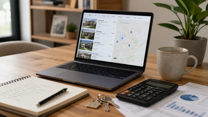 A premium, realistic image of a laptop showing property research beside a notebook, calculator and house keys on a clean desk, suggesting careful first-time property investment planning.