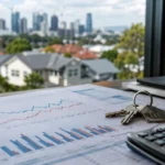 Realistic office desk with housing market charts, house keys and a calculator, overlooking a blurred Australian suburb and city skyline.