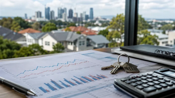 Realistic office desk with housing market charts, house keys and a calculator, overlooking a blurred Australian suburb and city skyline.