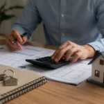 Investor reviews property tax documents with calculator, house model and keys on a modern office desk.