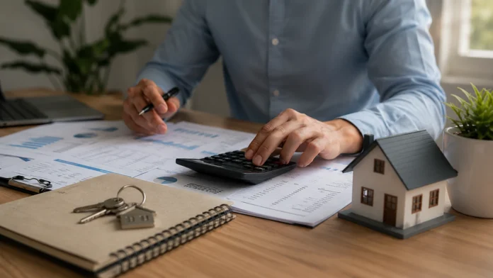 Investor reviews property tax documents with calculator, house model and keys on a modern office desk.