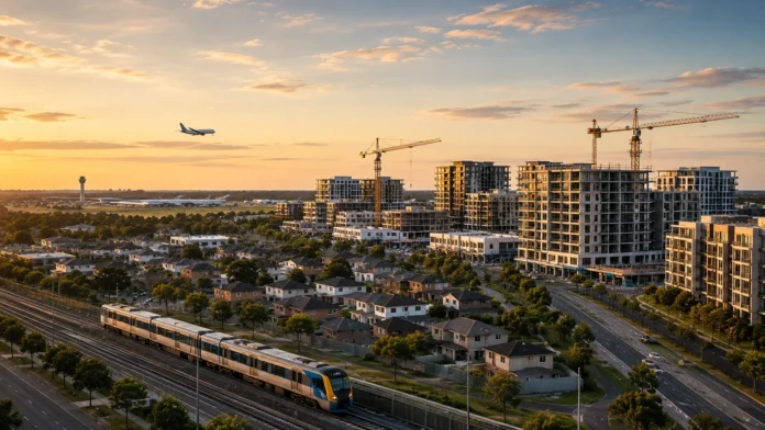 Modern Australian growth corridor with new housing, roads and construction cranes under soft morning light.