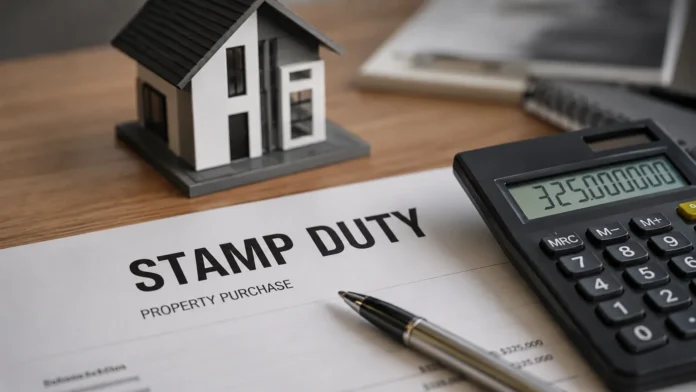 A premium desk scene showing a stamp duty property purchase document, calculator and small house model, representing Queensland property tax pressure and investor policy risk.