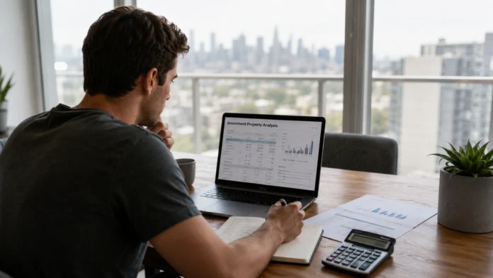 Young Australian rentvestor reviewing investment property numbers on a laptop beside a calculator and paperwork in a city apartment.