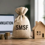 SMSF money bag, house model and coin stacks on a clean office desk, symbolising superannuation property borrowing and investor policy risk.