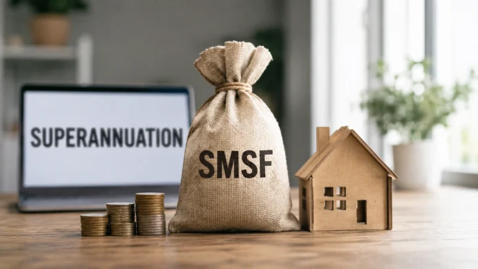SMSF money bag, house model and coin stacks on a clean office desk, symbolising superannuation property borrowing and investor policy risk.