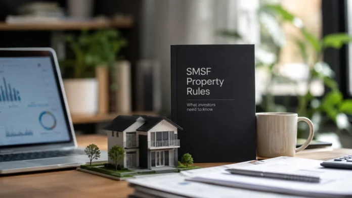 Minimal office desk scene with a model house, SMSF property rules booklet, laptop charts and paperwork, representing new borrowing restrictions for property investors.