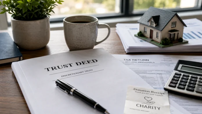 Trust deed, tax papers and model house on an Australian home office desk, symbolising proposed trust tax changes for property investors.
