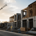 Partly built medium-density housing project behind temporary fencing at sunrise, with stacked materials and an idle crane highlighting Australia’s slowing construction pipeline.