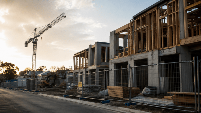 Partly built medium-density housing project behind temporary fencing at sunrise, with stacked materials and an idle crane highlighting Australia’s slowing construction pipeline.