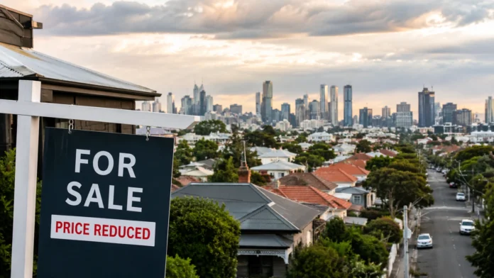 For sale sign with price reduced label overlooking Australian suburban rooftops and a city skyline, reflecting softer home prices and investor pressure.