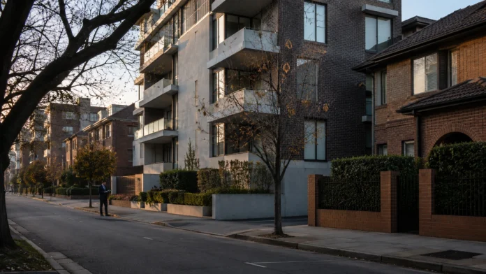 Quiet early-morning Australian residential street with low-rise apartments and brick townhouses, reflecting weaker housing confidence and a potential price correction.