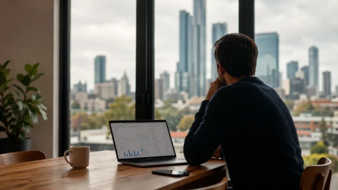 A cautious property buyer sits at a wooden table looking across an Australian city skyline, with a laptop showing housing market charts, reflecting buyer hesitation in a cooling property market.