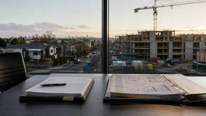 Bank lending office overlooking completed Australian homes and a partly built apartment development, with mortgage and construction finance documents on a boardroom table
