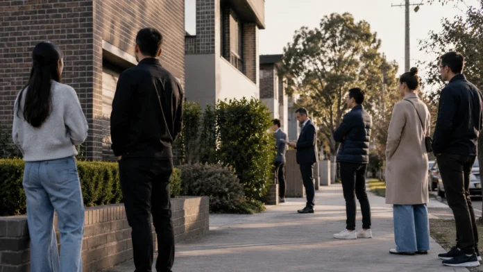 A subdued group of potential buyers stands apart outside a low-rise Australian apartment block while an agent checks paperwork in the background.