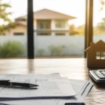 Mortgage documents, calculator and a small house model on a desk, with a suburban home blurred in the background, symbolising recession risk in the Australian property market.