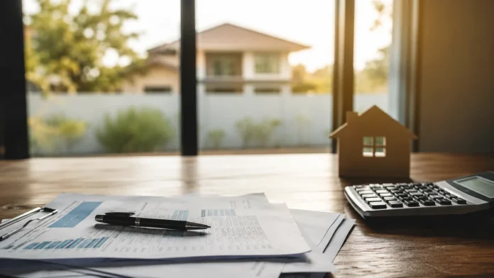 Mortgage documents, calculator and a small house model on a desk, with a suburban home blurred in the background, symbolising recession risk in the Australian property market.