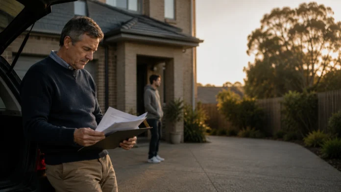 An older parent reviewing mortgage documents beside a car outside a modest Australian townhouse, with an adult child waiting near the front door.