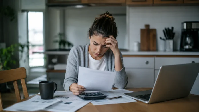 Worried Australian woman reviewing household bills with a calculator and laptop at her kitchen table, reflecting financial stress and cost-of-living pressure.