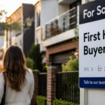First-home buyers stand near a for sale sign outside modern Australian housing, reflecting caution in the property market.
