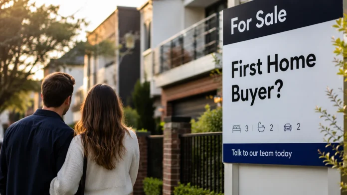 First-home buyers stand near a for sale sign outside modern Australian housing, reflecting caution in the property market.