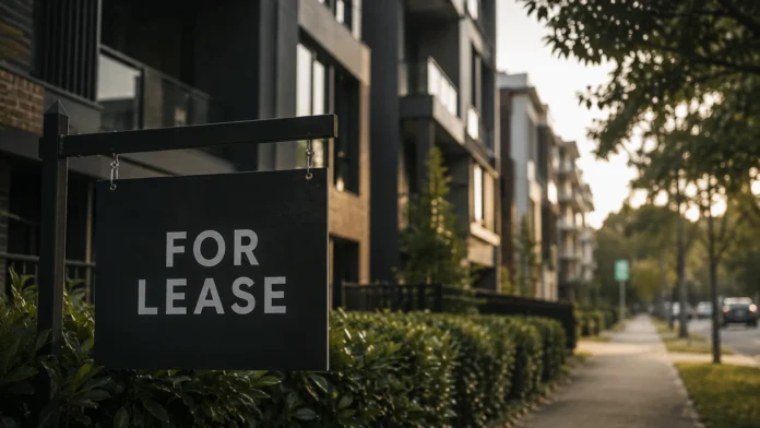 A black “For Lease” sign outside modern apartments, reflecting softer investor demand and pressure on housing investor loans.