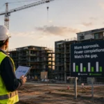 Construction professional reviewing housing supply data at a residential building site, with cranes and unfinished apartments highlighting the gap between dwelling approvals and completions.