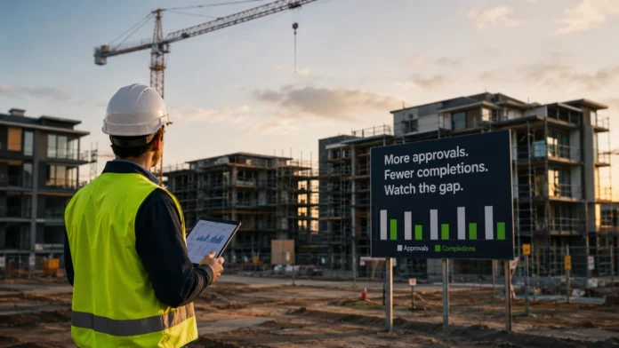 Construction professional reviewing housing supply data at a residential building site, with cranes and unfinished apartments highlighting the gap between dwelling approvals and completions.