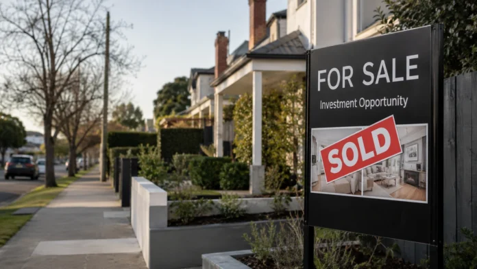 Sold sign outside a Melbourne-style suburban home, reflecting investors selling rental properties as tax and holding costs rise.