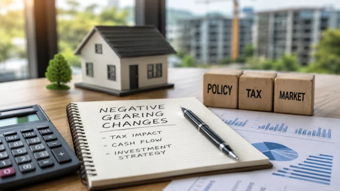 Desk scene with a house model, calculator and notes on negative gearing changes, tax impact and investor cashflow.