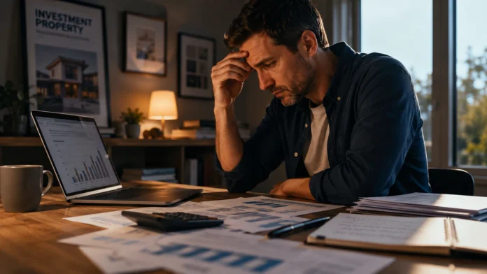 A concerned property investor reviewing financial charts and paperwork at a home office desk, reflecting uncertainty around negative gearing changes and rental market risk.