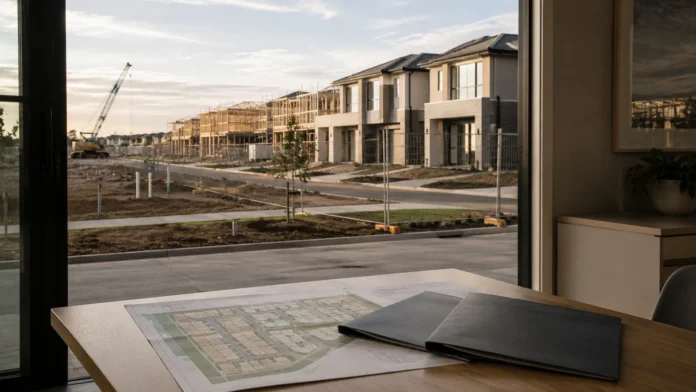 A new Australian housing estate viewed from a quiet display centre, with architectural plans and property folders in the foreground and townhouses under construction beyond.