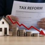Miniature house beside falling coin stacks and a tax reform document, symbolising pressure on property investors and housing supply.