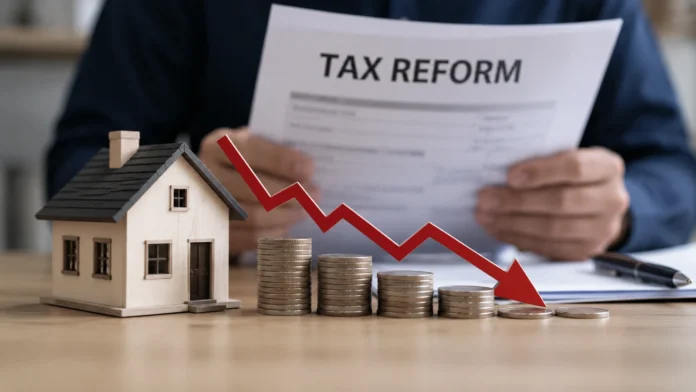 Miniature house beside falling coin stacks and a tax reform document, symbolising pressure on property investors and housing supply.