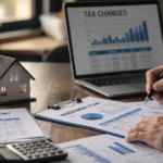 Investor reviewing property tax changes and investment paperwork on a desk with a laptop, calculator and house model.