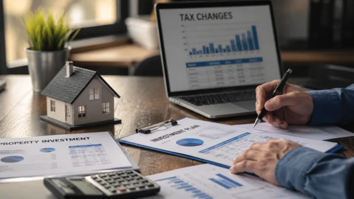 Investor reviewing property tax changes and investment paperwork on a desk with a laptop, calculator and house model.
