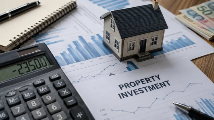 Calculator, charts, cash and a model house on a desk, representing the tougher financial test facing Australian property investors. 